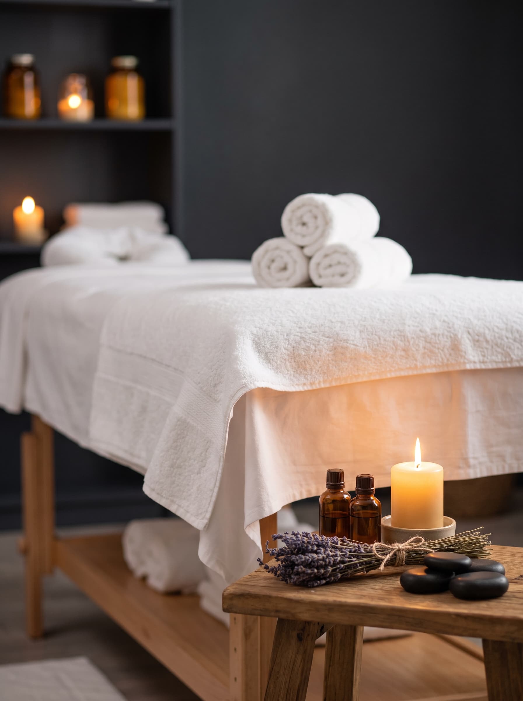 A calm massage treatment set up with candles and fresh linens